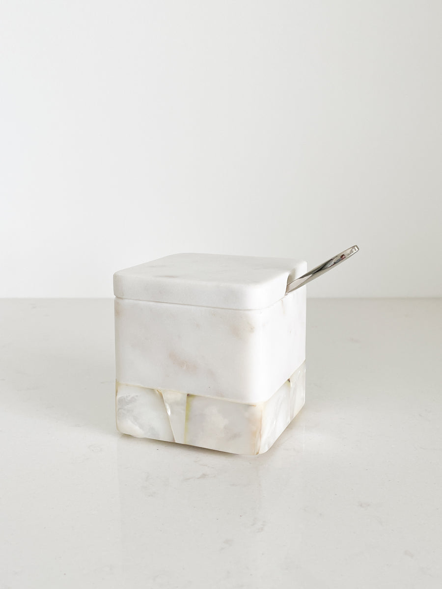 Ena White Salt cellar with Spoon | Crate & Barrel