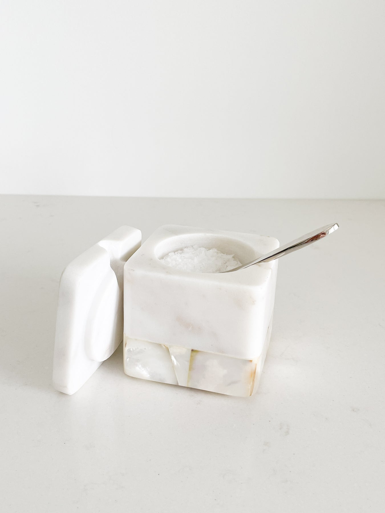 Ena White Salt cellar with Spoon | Crate & Barrel